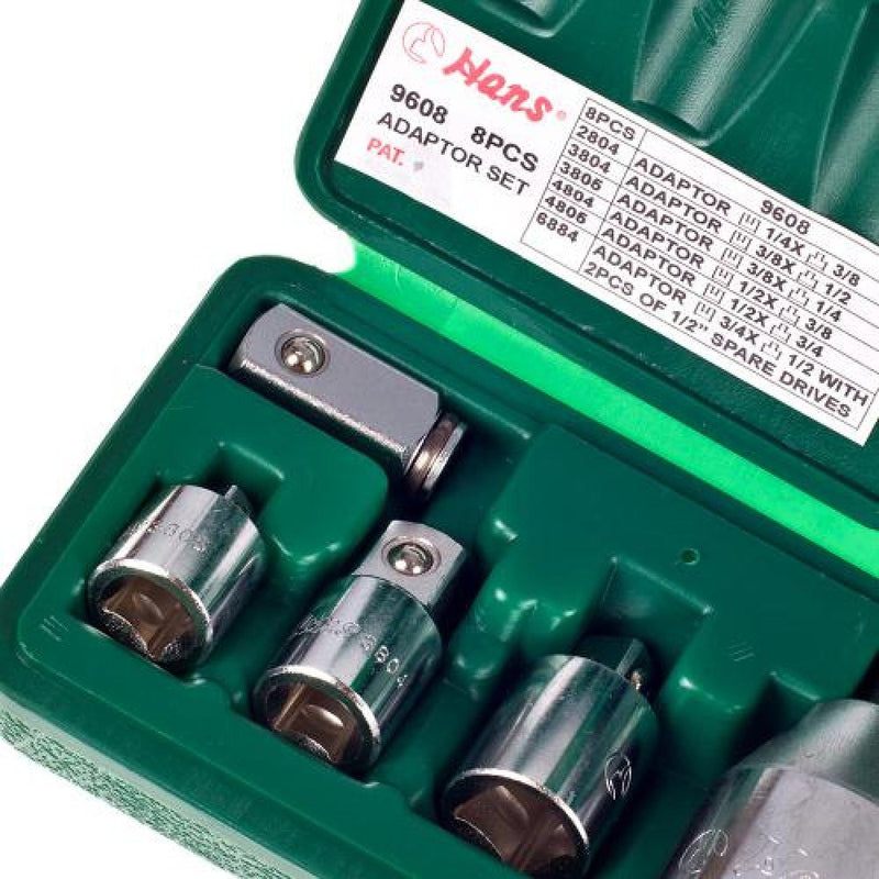 Juego Caja De Dados Adaptadores 1/4-3/8-1/2-3/4 8 Piezas Hans 9608