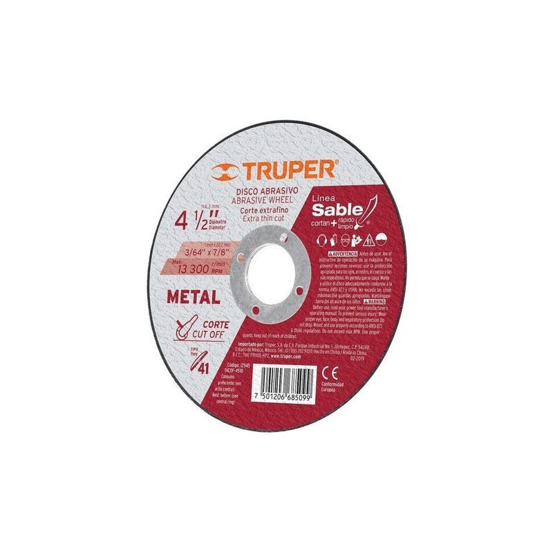 Disco De Corte Metal 4.1/2 Caja 10 Piezas Truper Dicof-4510