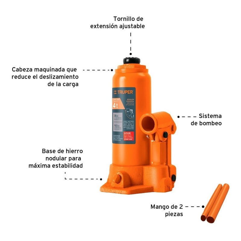 Gata Hidráulica Tipo Botella Para 4 Ton Truper GAT-4