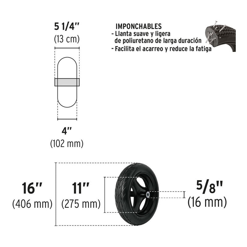 Rueda Completa Imponchable 16" x 4" para carretilla Truper RN-X