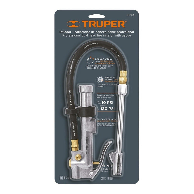 Inflador Calibrador Cabeza Doble Profesional Truper INFCA