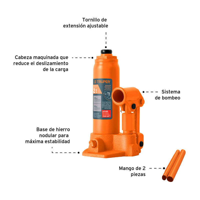 Gata Hidráulica Tipo Botella Para 2 Ton Truper GAT-2