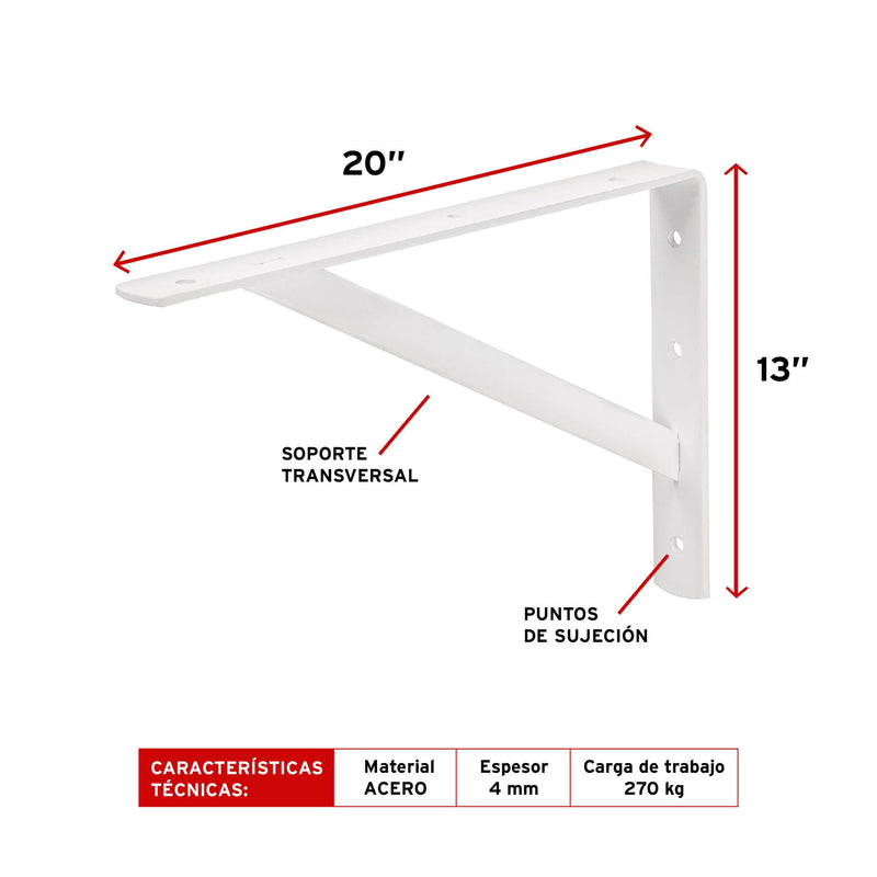 Escuadra Estante Reforzada Blanca 13"x 20" Truper Mer-20b